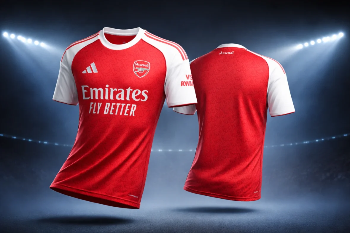 Arsenal 2025/26 Home Shirt, front and back view with red body and Gothic A pattern.