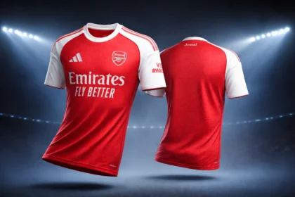 Arsenal 2025/26 Home Shirt, front and back view with red body and Gothic A pattern.