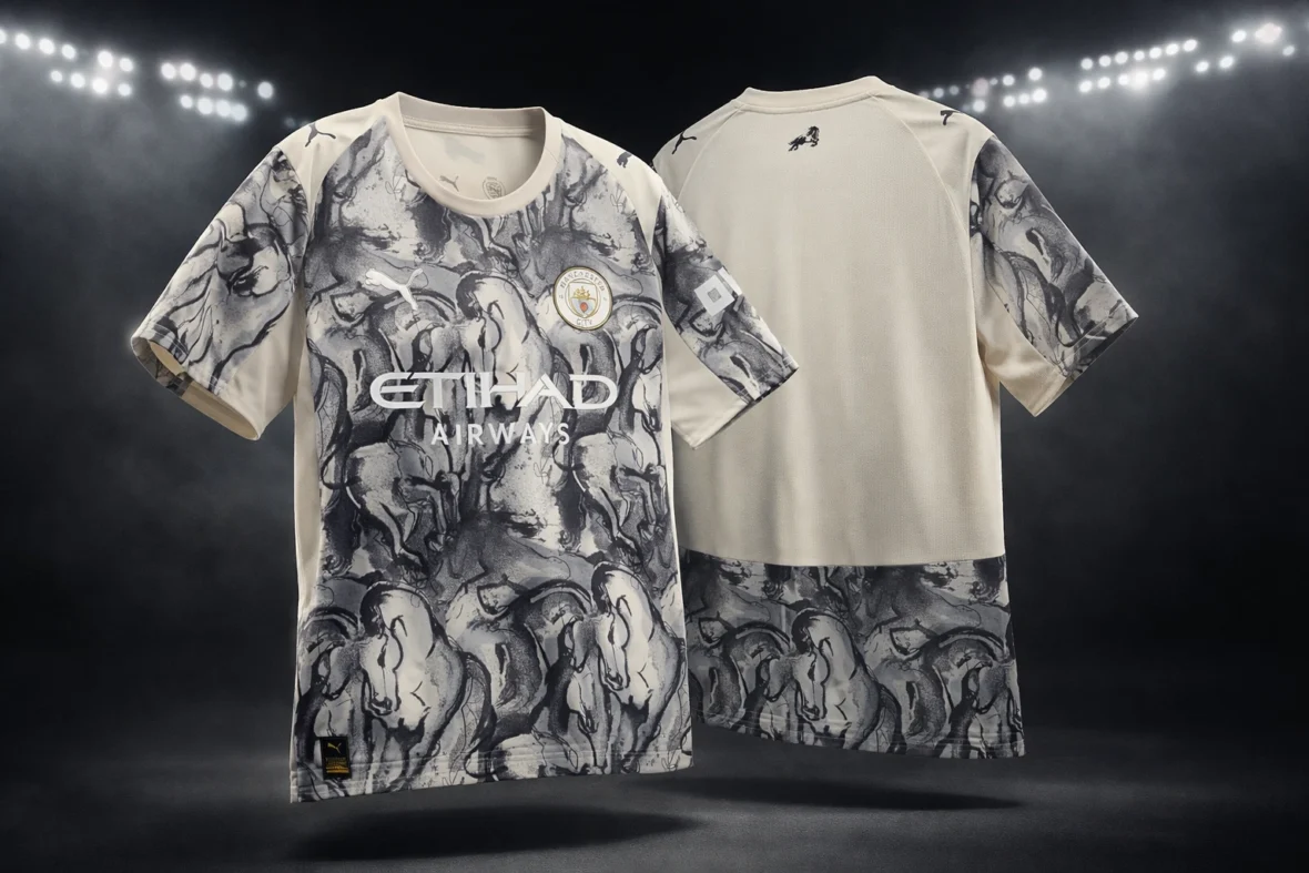 Manchester City Year of the Horse 2026 pre-match jersey shown front and back.