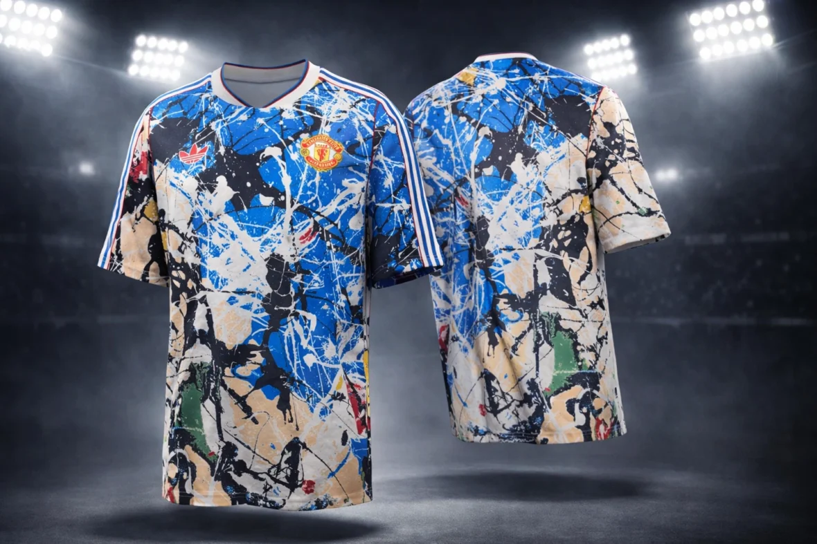 Adidas Manchester United Stone Roses Jersey 2026 floating front and back views.