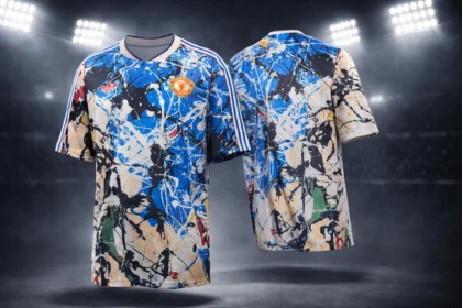 Adidas Manchester United Stone Roses Jersey 2026 floating front and back views.